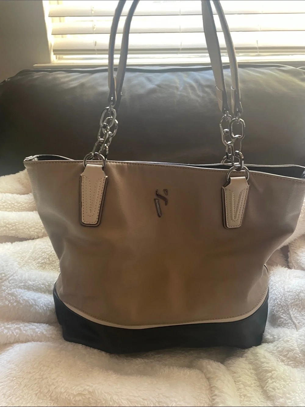 Simply Vera Wang Taupe and Black Two-Tone Tote with Chain Handles